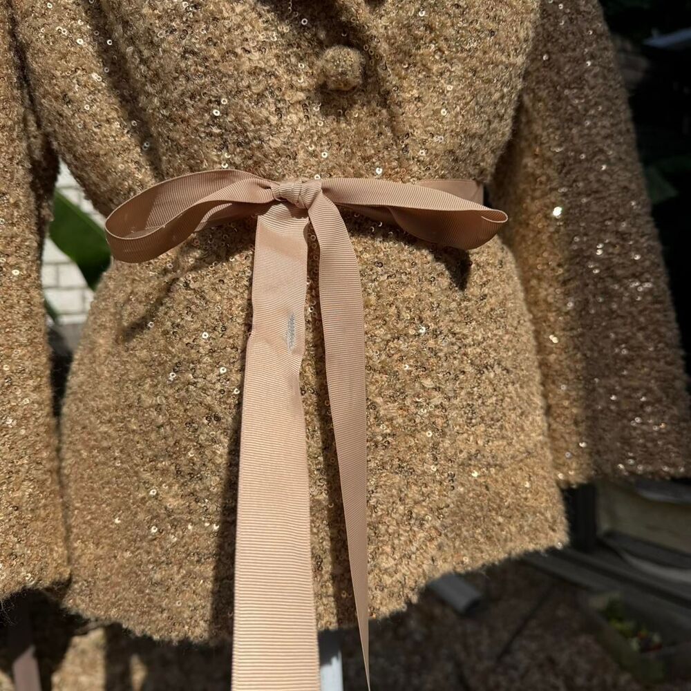 Vintage 90s Robbi & Nikki Women's Sparkling Gold Sequin Belted Jacket Large - Picture 6 of 8